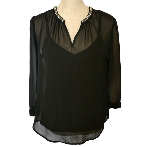 Liz Claiborne 3/4-Sleeve Embellished V- Neck Black Sheer Blouse and slip Size S - Picture 3 of 16